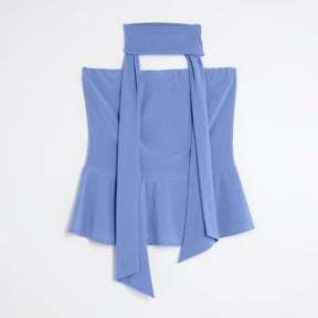 Blue Sleeveless Scarf Neck Bandeau Top