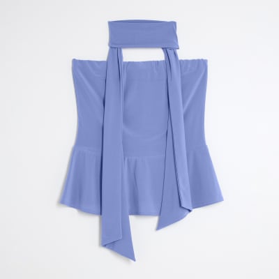 Blue Sleeveless Scarf Neck Bandeau Top