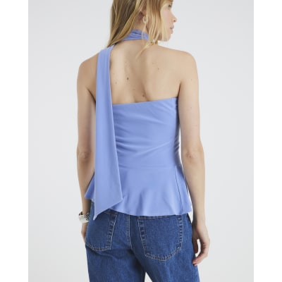 Blue Sleeveless Scarf Neck Bandeau Top