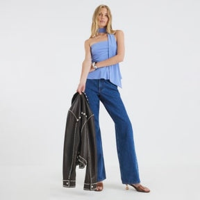 Blue Sleeveless Scarf Neck Bandeau Top