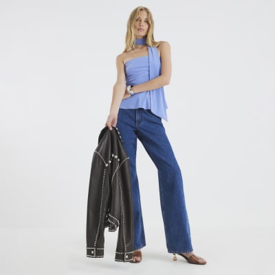 Blue Sleeveless Scarf Neck Bandeau Top