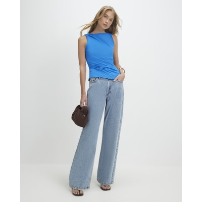 Blue Sleeveless Slash Neck Top