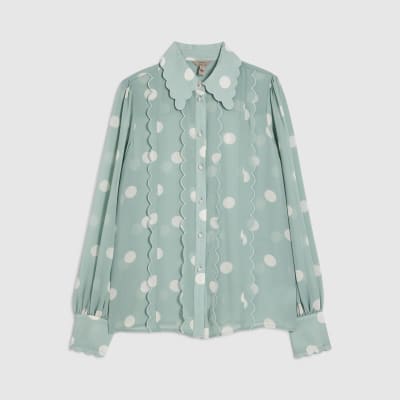 Blue Spot Print Scallop Trim Shirt