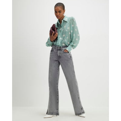Blue Spot Print Scallop Trim Shirt