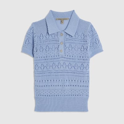 Blue Stitched Knit Polo Top