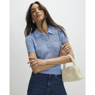 Blue Stitched Knit Polo Top