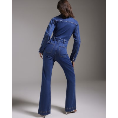 Blue Stretch Denim Straight Leg Jumpsuit