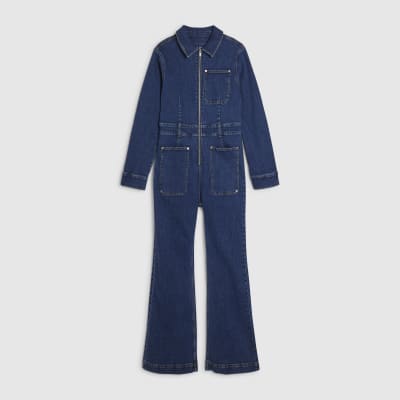 Blue Stretch Denim Straight Leg Jumpsuit