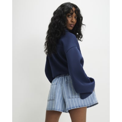 Blue Stripe Drawstring Denim Shorts