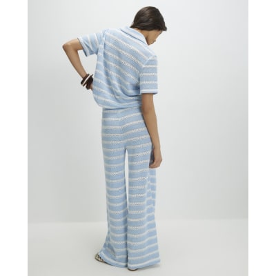 Blue Striped crochet Wide Leg Trousers