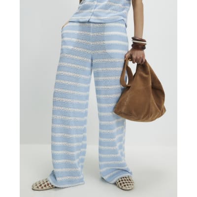 Blue Striped crochet Wide Leg Trousers