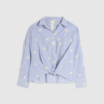 Blue Striped Daisy Embroidered Knot Shirt
