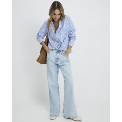 Blue Striped Daisy Embroidered Knot Shirt