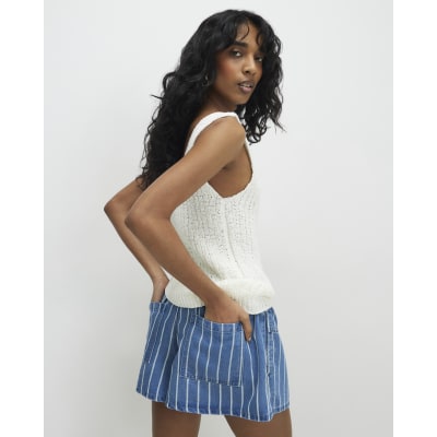 Blue Striped Denim Shorts