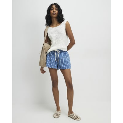 Blue Striped Denim Shorts