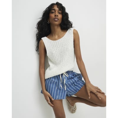 Blue Striped Denim Shorts