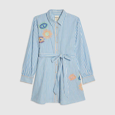Blue Striped Embroidered Shirt Mini Dress