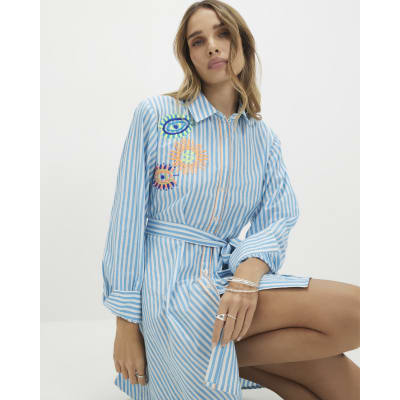 Blue Striped Embroidered Shirt Mini Dress