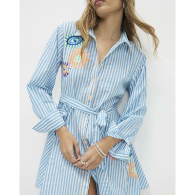 Blue Striped Embroidered Shirt Mini Dress