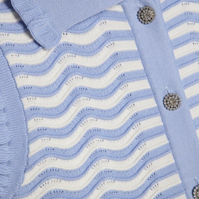 Blue Striped Knit Collared Tank Top