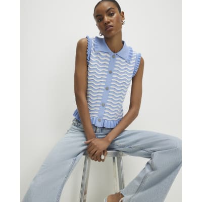 Blue Striped Knit Collared Tank Top