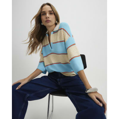Blue Striped Knitted Polo Shirt