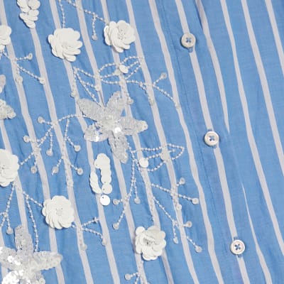 Blue Striped Long Sleeve Embellished Shirt