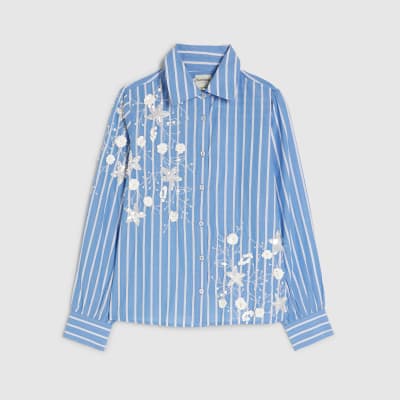 Blue Striped Long Sleeve Embellished Shirt
