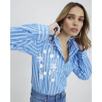 Blue Striped Long Sleeve Embellished Shirt