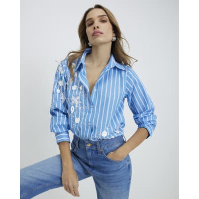 Blue Striped Long Sleeve Embellished Shirt