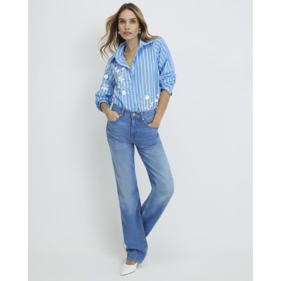 Blue Striped Long Sleeve Embellished Shirt
