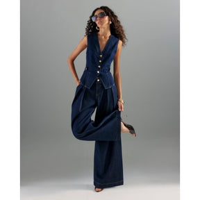 Blue Tailored Wide Leg Tab Jeans