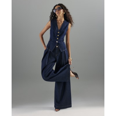 Blue Tailored Wide Leg Tab Jeans