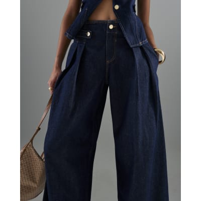 Blue Tailored Wide Leg Tab Jeans