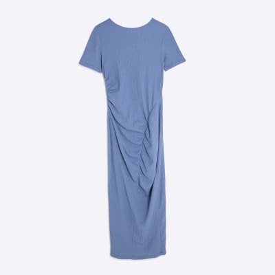 Blue Textured Drape Midi Dress