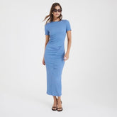 Blue Textured Drape Midi Dress