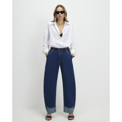 Blue Turn Up Cuff Barrel Leg Jeans