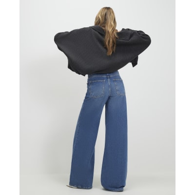 Blue Turned Down Waist Wide Leg Jeans