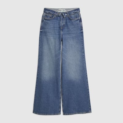 Blue Turned Down Waist Wide Leg Jeans