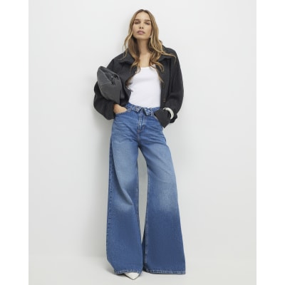 Blue Turned Down Waist Wide Leg Jeans
