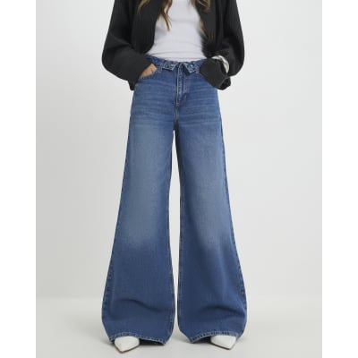 Blue Turned Down Waist Wide Leg Jeans