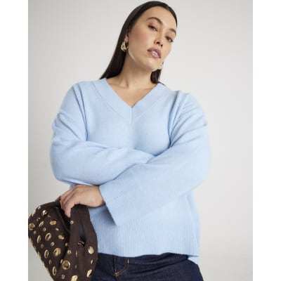 Blue V-Neck Knitted Jumper