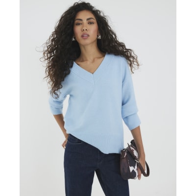 Blue V-Neck Knitted Jumper
