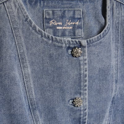 Blue Washed Bling Button Denim Top