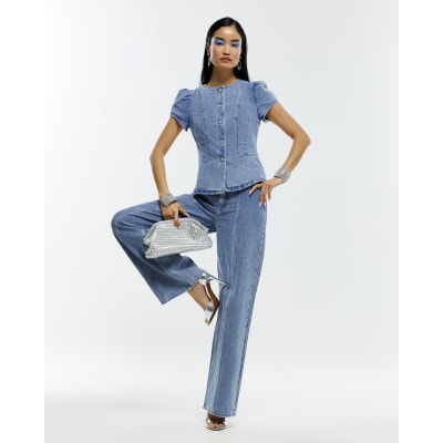 Blue Washed Bling Button Denim Top