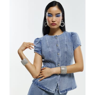 Blue Washed Bling Button Denim Top