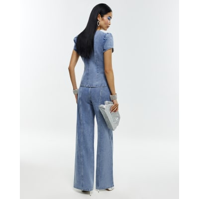 Blue Washed Bling Button Wide Leg Jeans