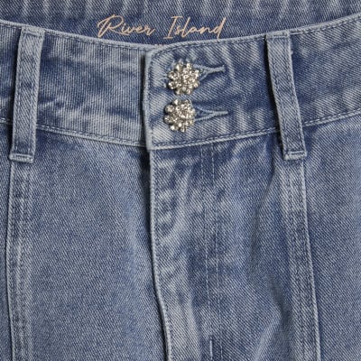 Blue Washed Bling Button Wide Leg Jeans
