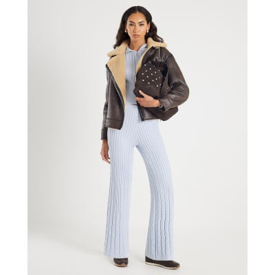 Blue Wide Leg Cable Knit Trousers