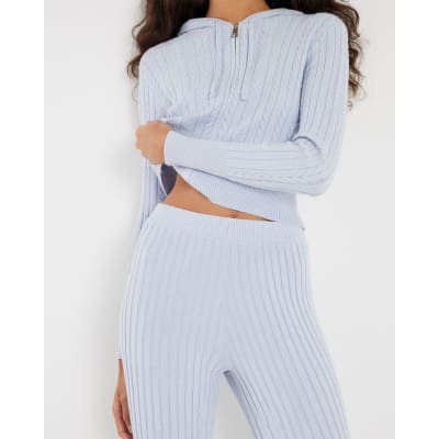 Blue Wide Leg Cable Knit Trousers